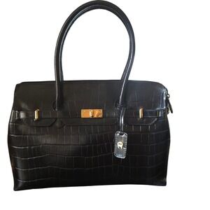 Etienne Aigner Black Croc Embossed Leather Satchel Tote Gold Hardware‎ Old Money